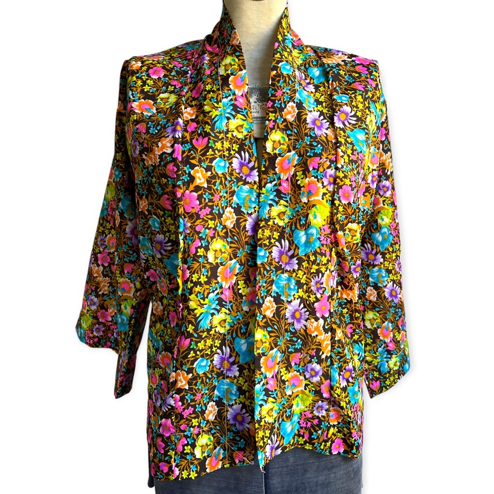 Vintage Floral Crepe Wide Bell Sleeve Kimono